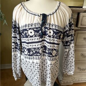 Johnny Was Blue & Cream Boho Print Peasant Top XS 100% Cotton Tassel Tie